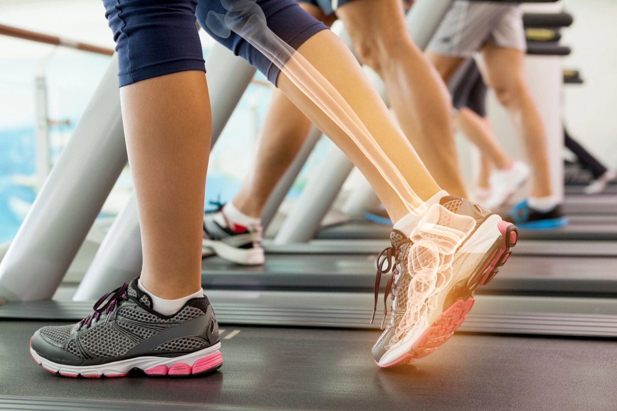 People walking on treadmills with bone overlay.